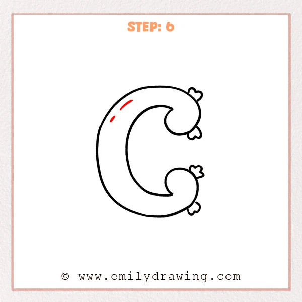 how to draw a fancy letter c - Step 6 of a fancy letter C drawing adds two small curved highlight dashes on the upper-left stroke, giving the letter a shiny decorative look.